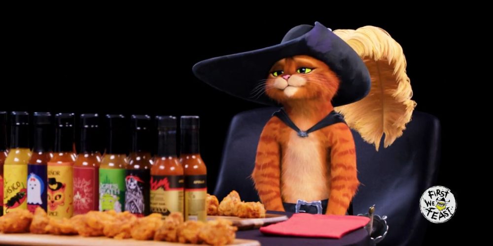 Puss In Boots Does Hot Ones in Bizarre Video Promoting New Movie