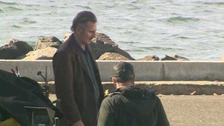 Liam Neeson filming scenes for upcoming movie beside Boston Harbor